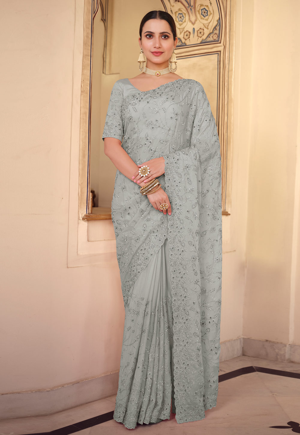 Grey Chiffon Saree With Blouse 233549