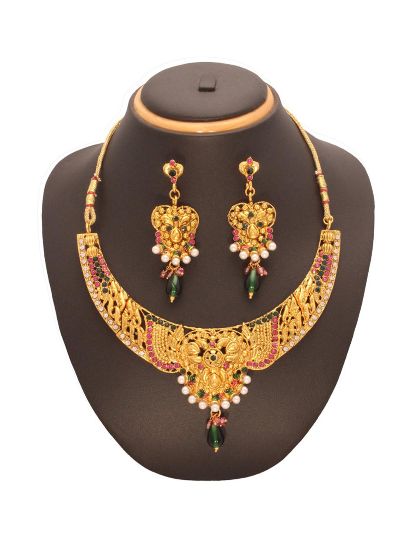Pink and Green Stone Studded Necklace Set 27323