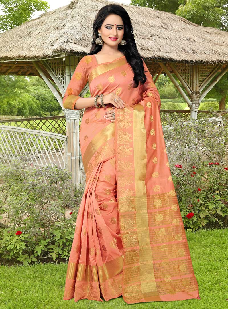 Peach Banarasi Silk Saree With Blouse 90592