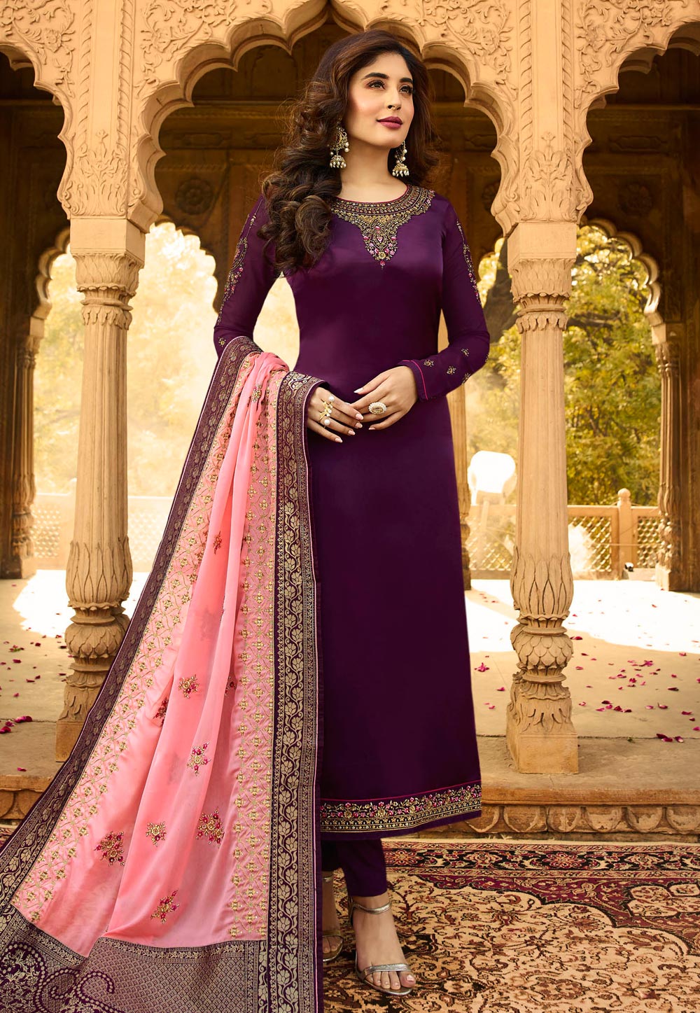 Kritika Kamra Purple Satin Embroidered Bollywood Suit 183897