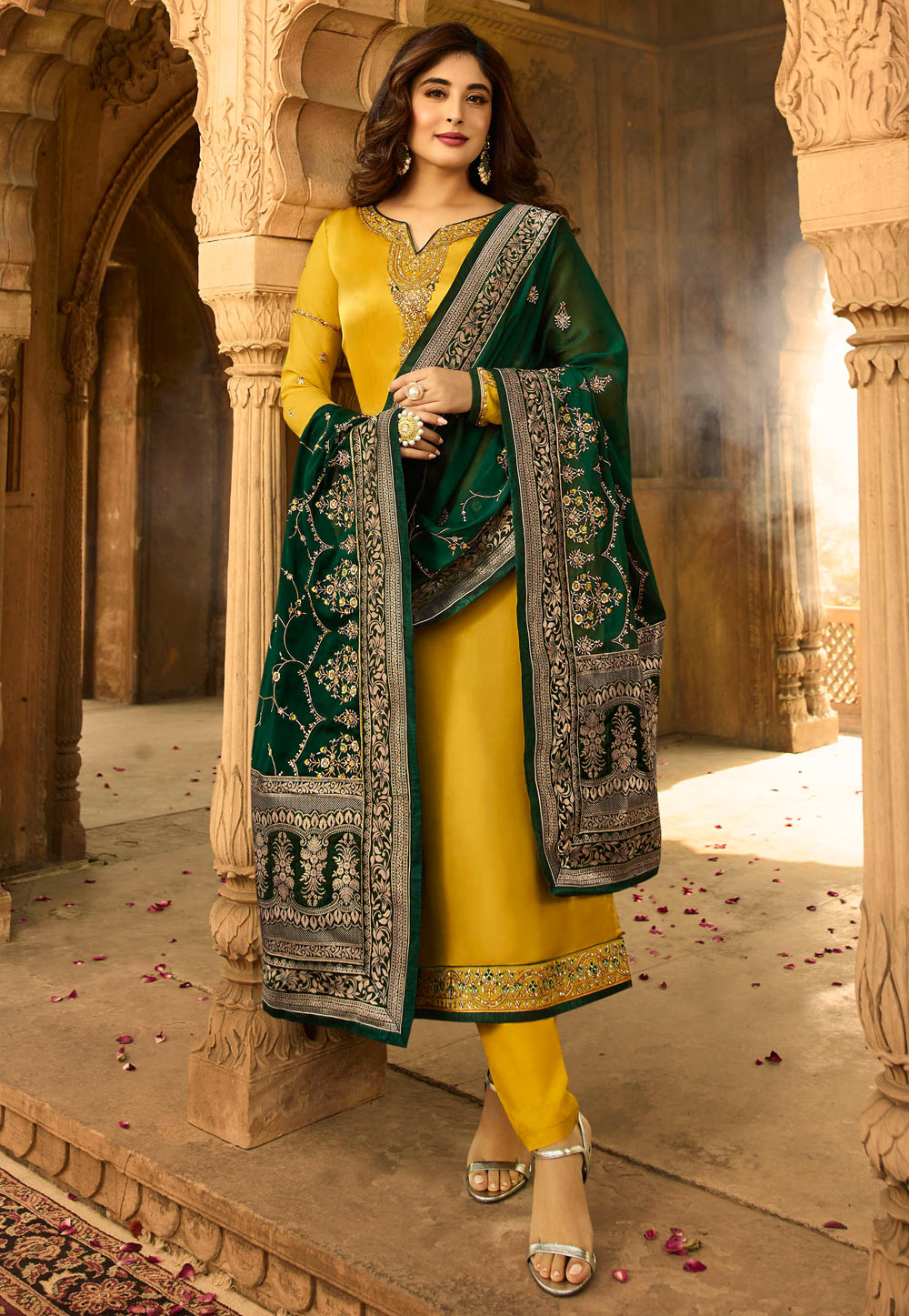 Kritika Kamra Yellow Satin Embroidered Bollywood Suit 183899