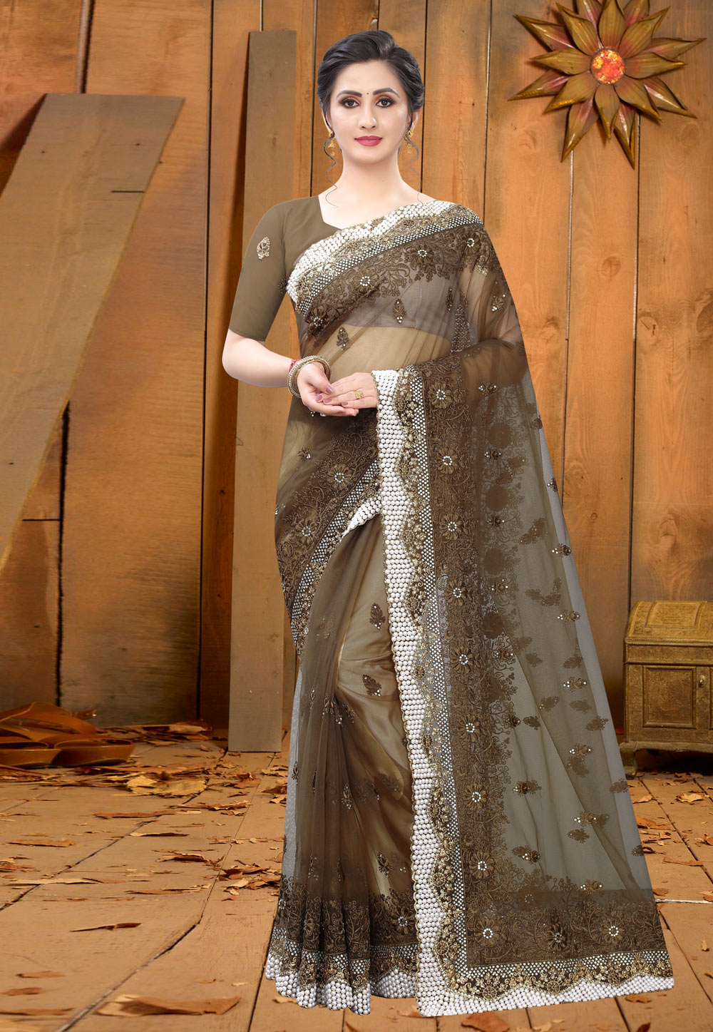 Brown Net Saree With Blouse 214019