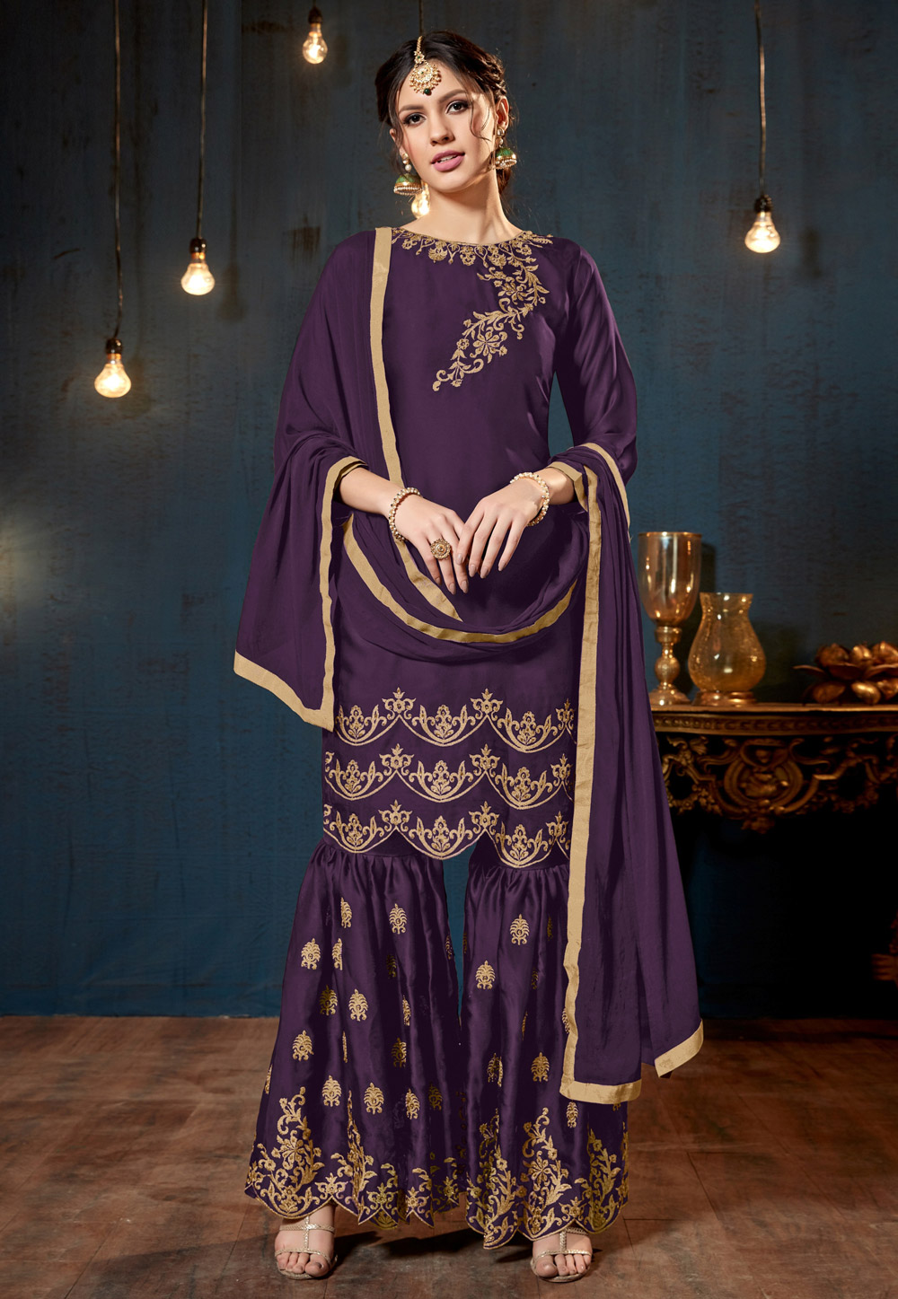 Purple Satin Sharara Style Suit 160413