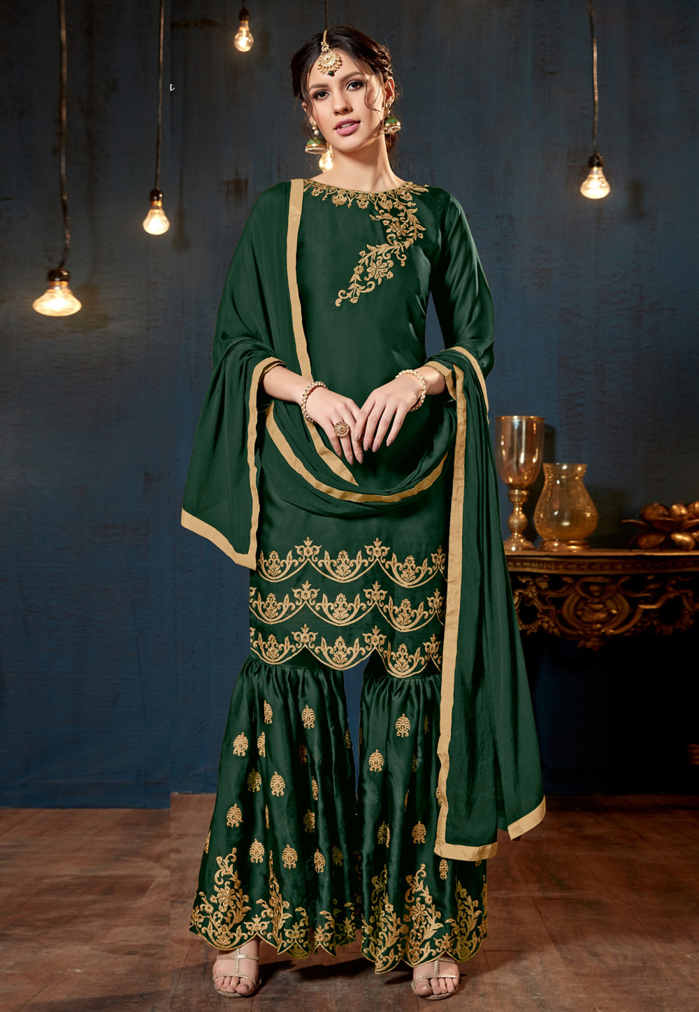 Green Satin Sharara Style Suit 160414