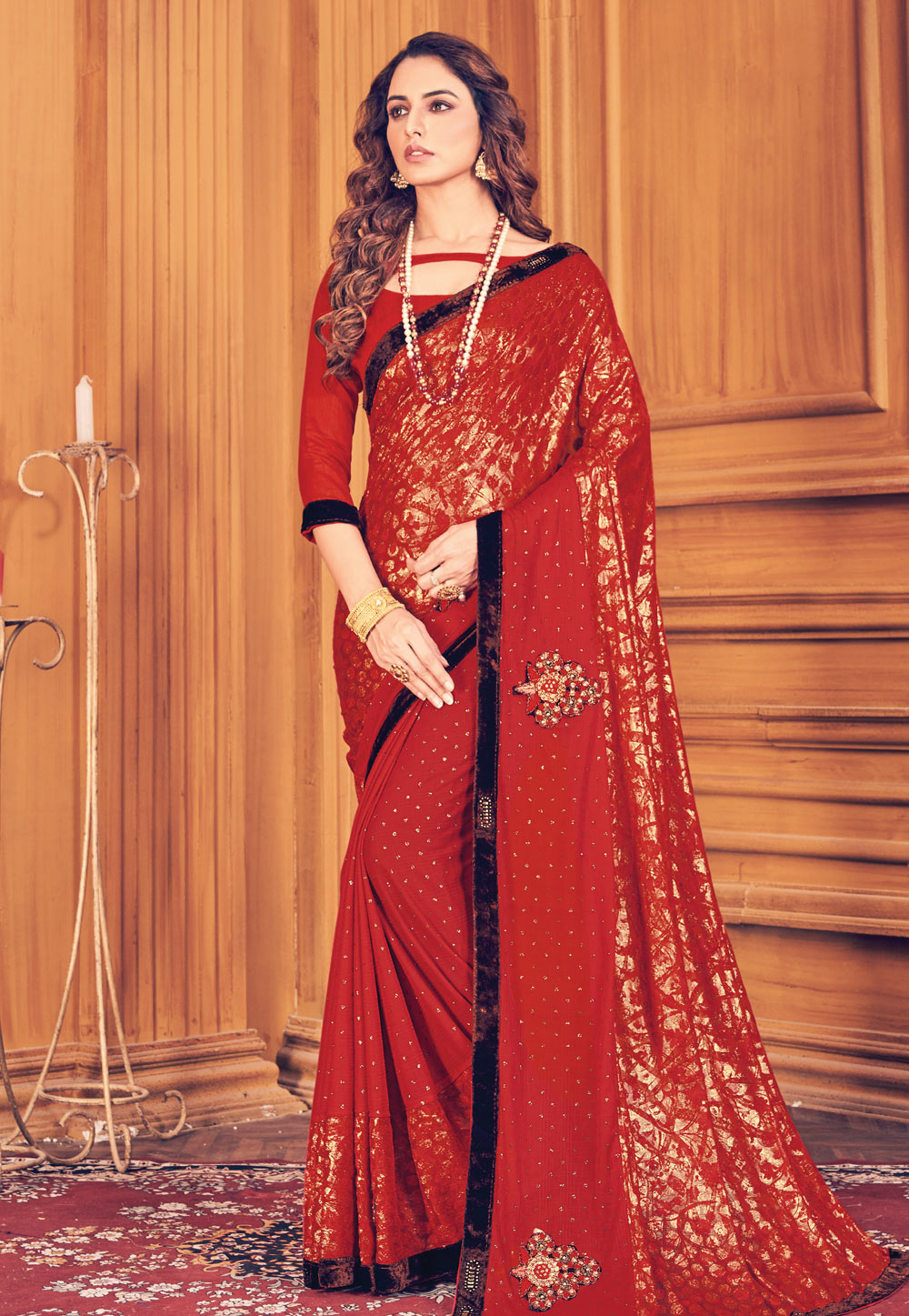 Red Lycra Saree With Blouse 240918