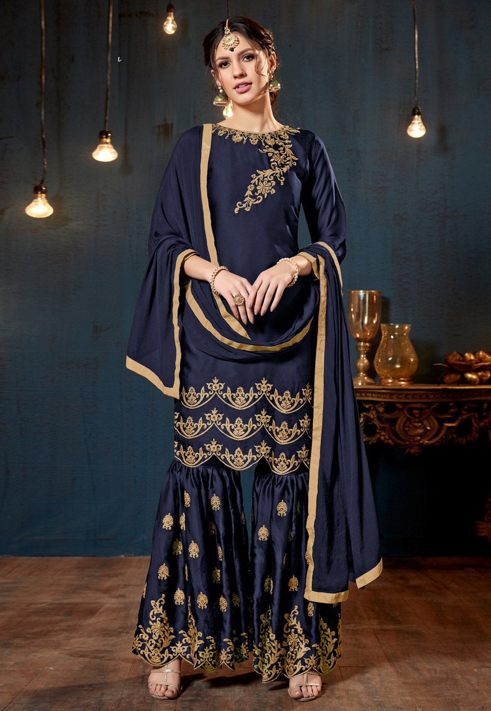 Navy Blue Satin Sharara Style Suit 160415