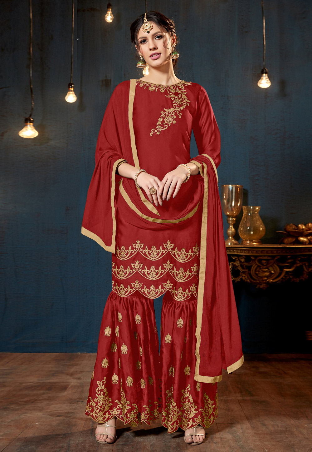 Red Satin Sharara Suit 160416