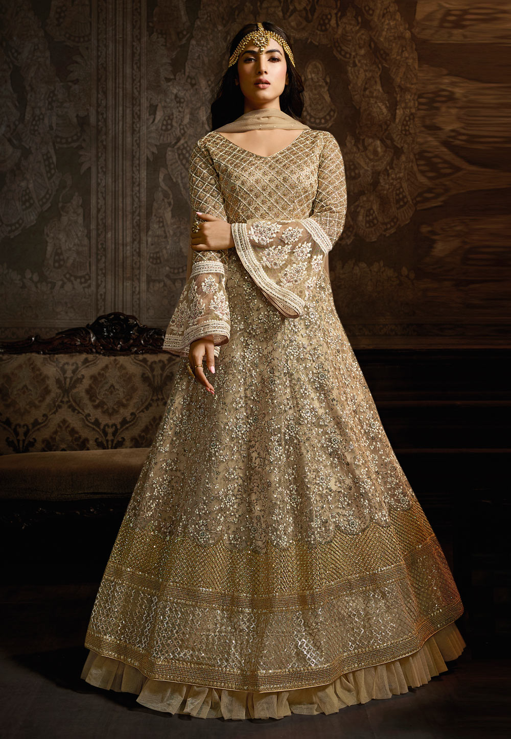 Sonal Chauhan Beige Net Abaya Style Anarkali Suit 186635