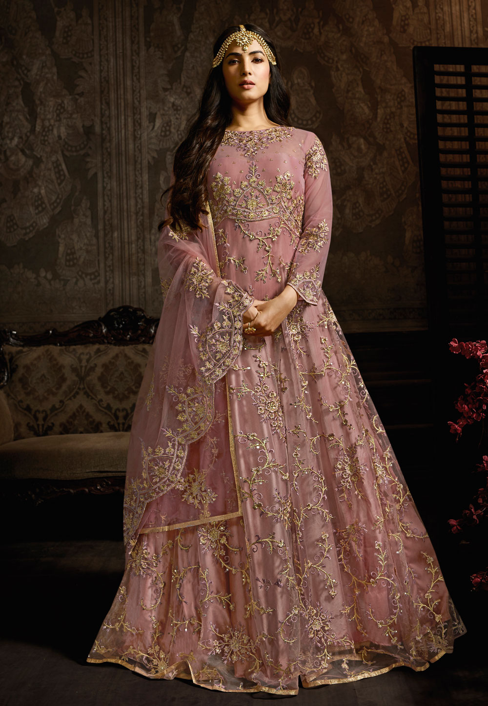 Sonal Chauhan Pink Net Long Anarkali Suit 186636
