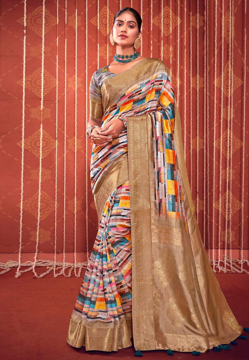 Multicolor Khadi Saree With Blouse 276825