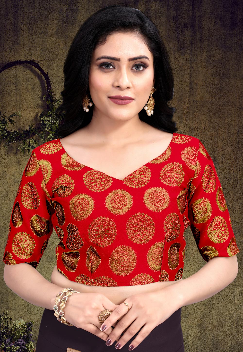 Red Brocade Readymade Blouse 237434