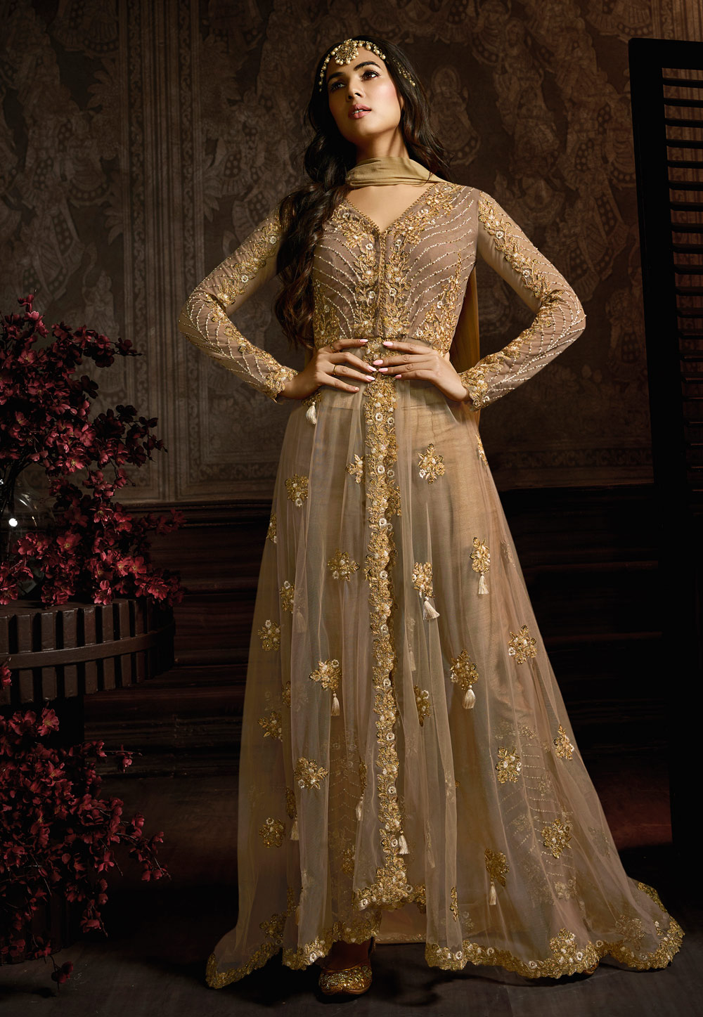 Sonal Chauhan Beige Net Abaya Style Anarkali Suit 186638