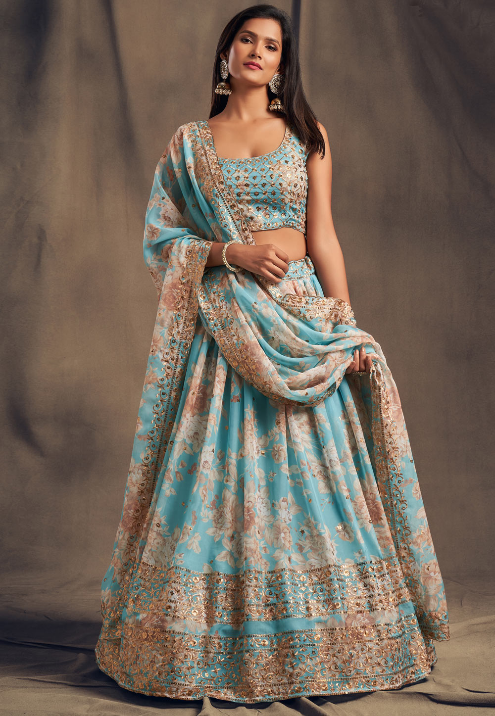 Embroidered Art Silk Lehenga in Mustard and Sky Blue : LYC2889