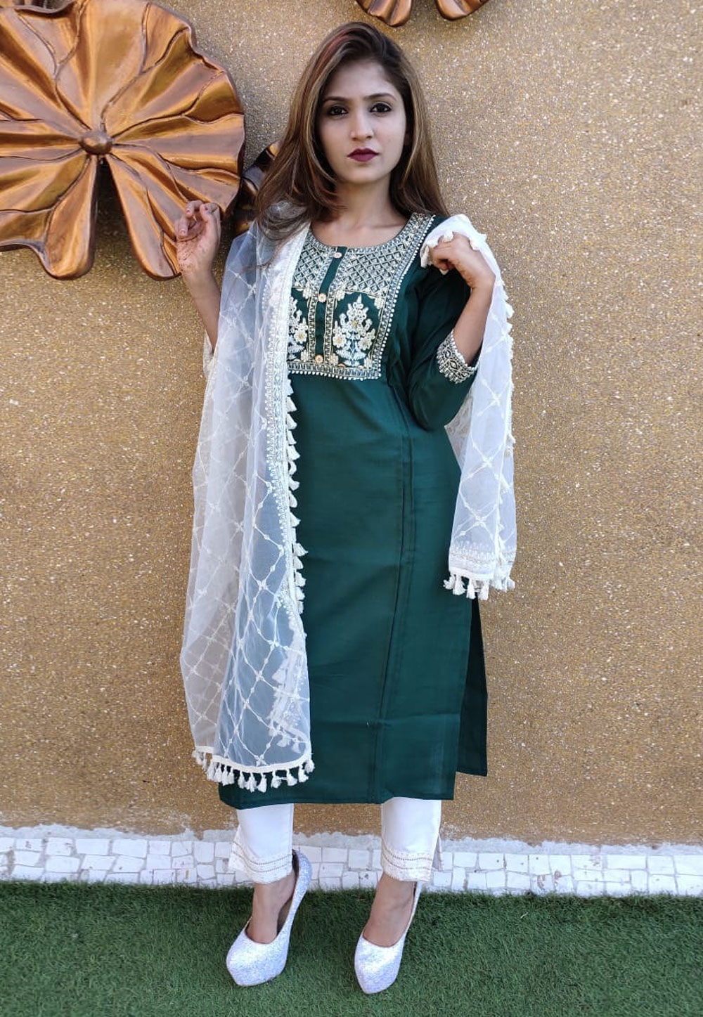 Green Cotton Readymade Pant Style Suit 238984
