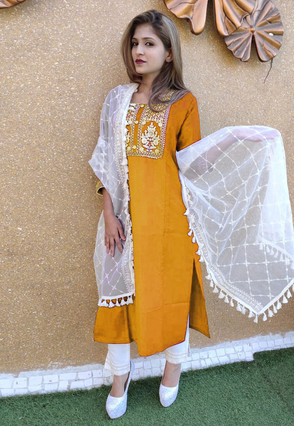 Mustard Cotton Readymade Kameez With Pant 238987