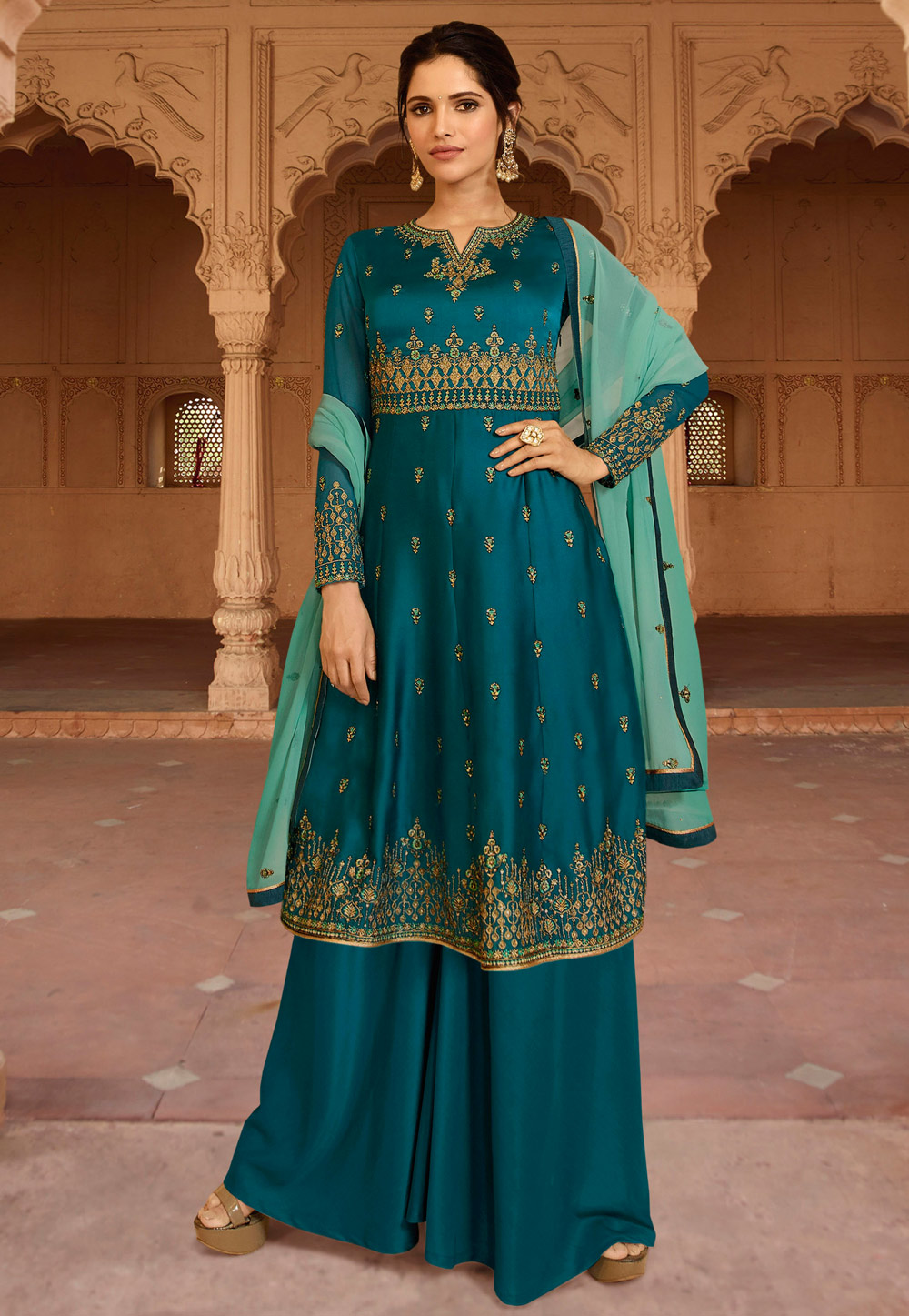 Blue Satin Embroidered Kameez With Palazzo 184578