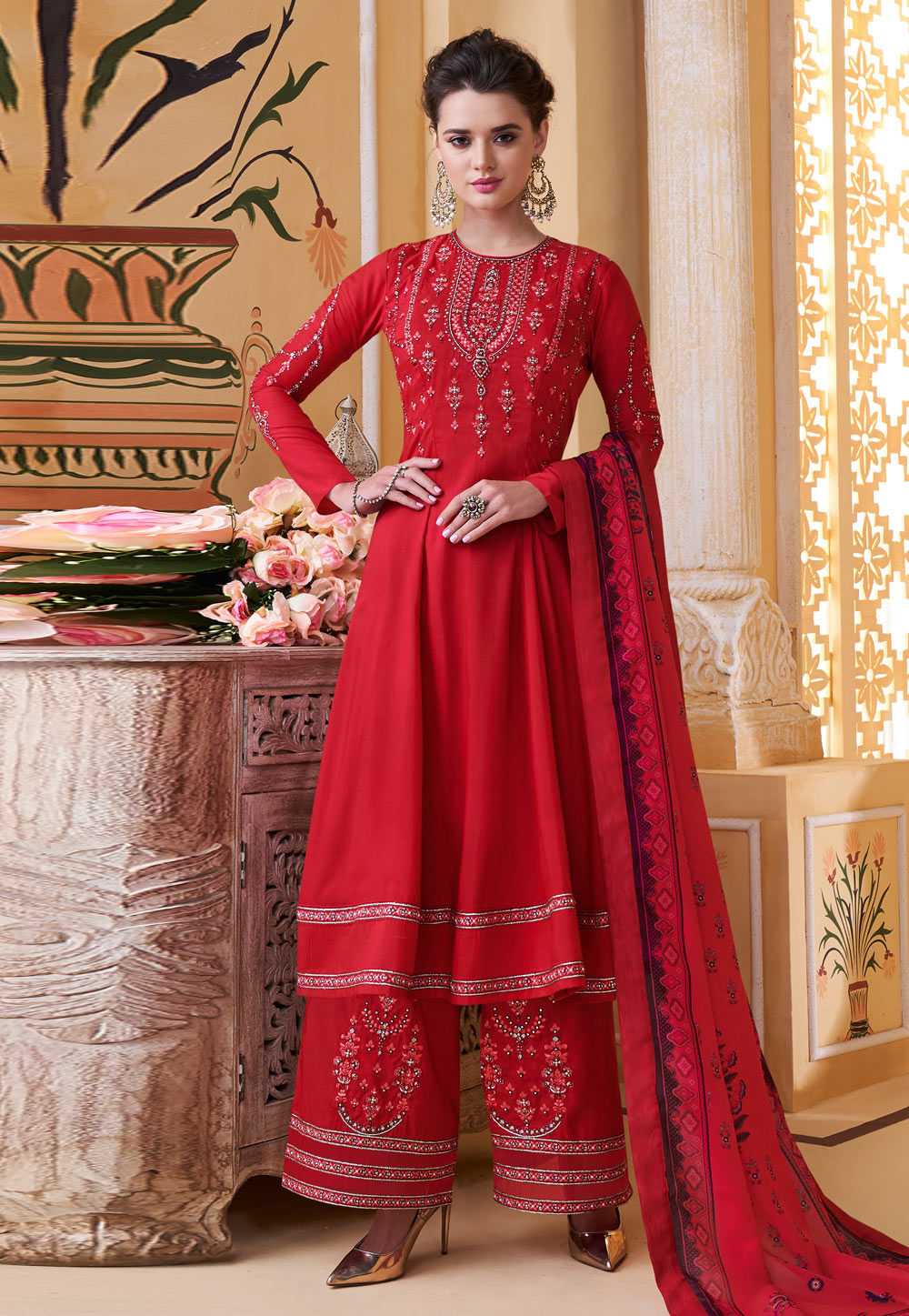 Red Muslin Kameez With Palazzo 189182