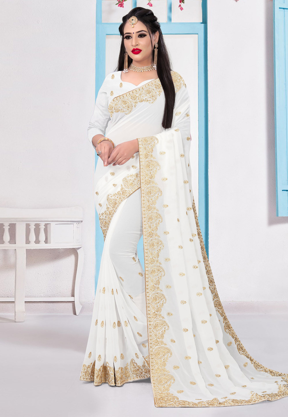 White Georgette Saree With Blouse 214432