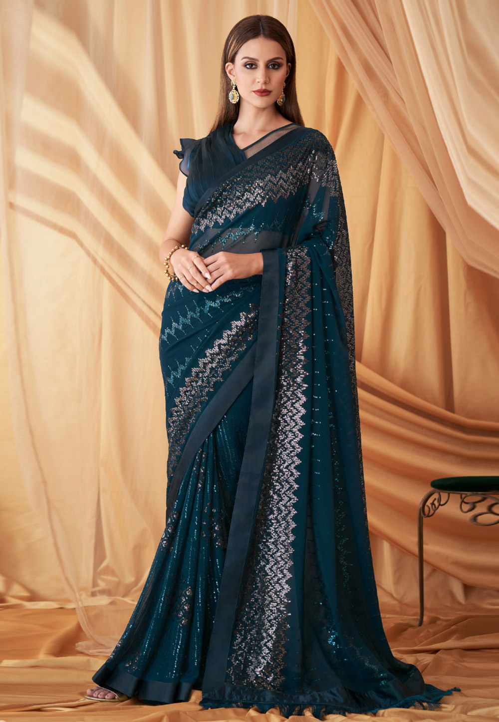 Teal Georgette Sequence Saree 273529