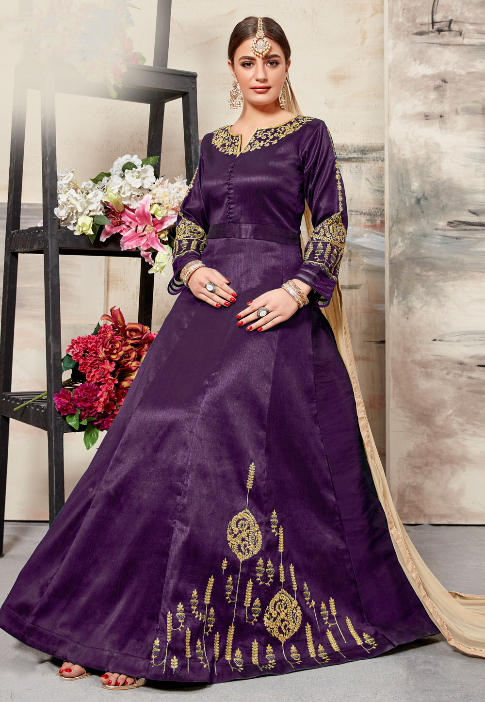 Purple Silk Long Anarkali Suit 161133