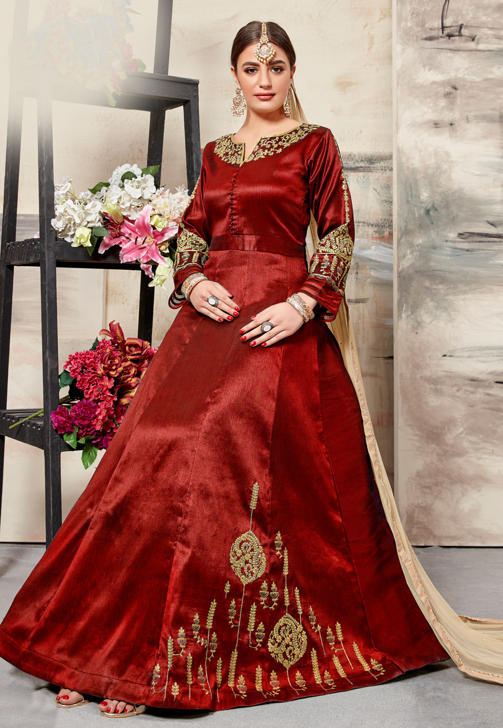 Red Silk Abaya Style Anarkali Suit 161136