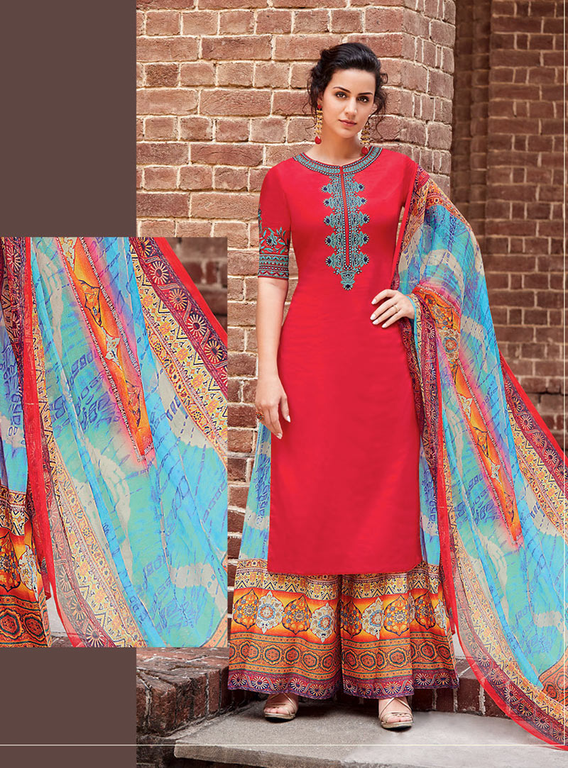 Red Satin Pakistani Style Suit 94778