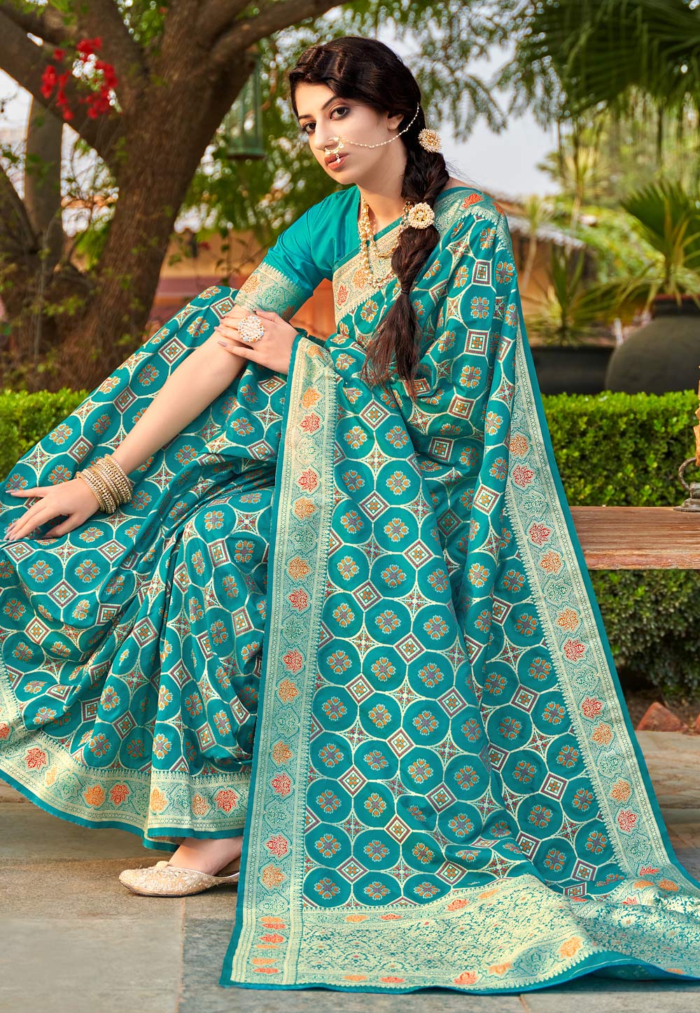 Turquoise Banarasi Saree With Blouse 239553