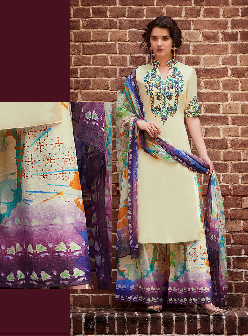 Cream Satin Pakistani Style Suit 94780