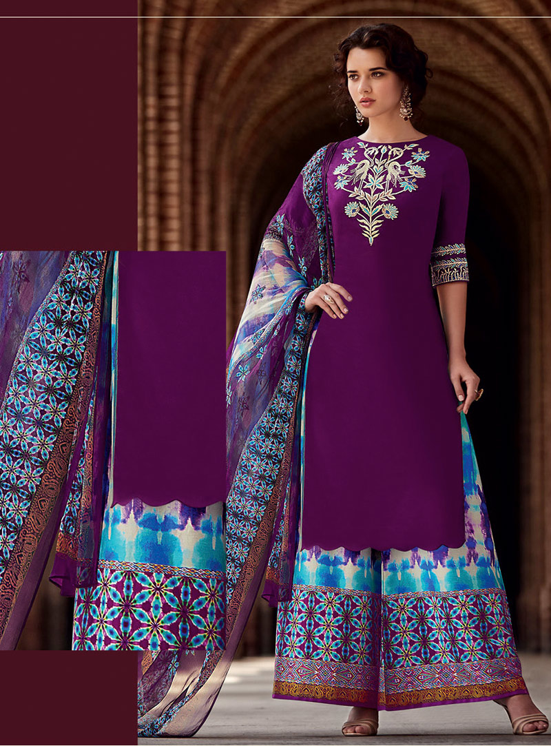 Purple Satin Pakistani Style Suit 94782