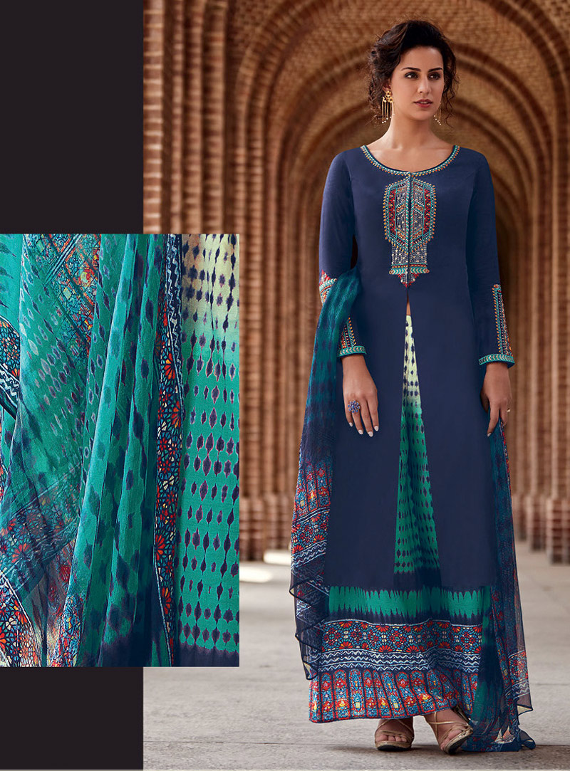 Navy Blue Satin Pakistani Style Suit 94786