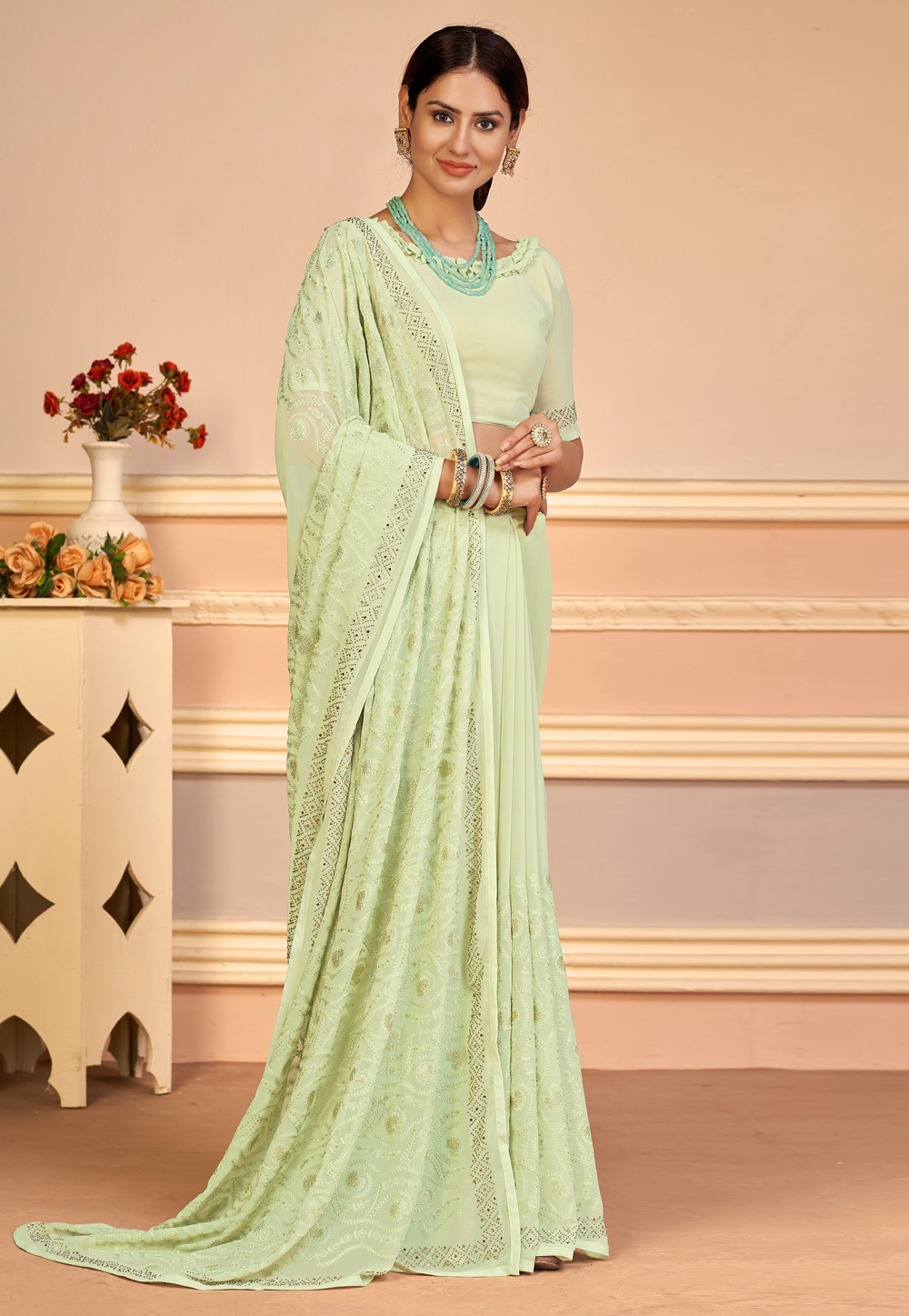 Pista Green Georgette Saree With Blouse 238132