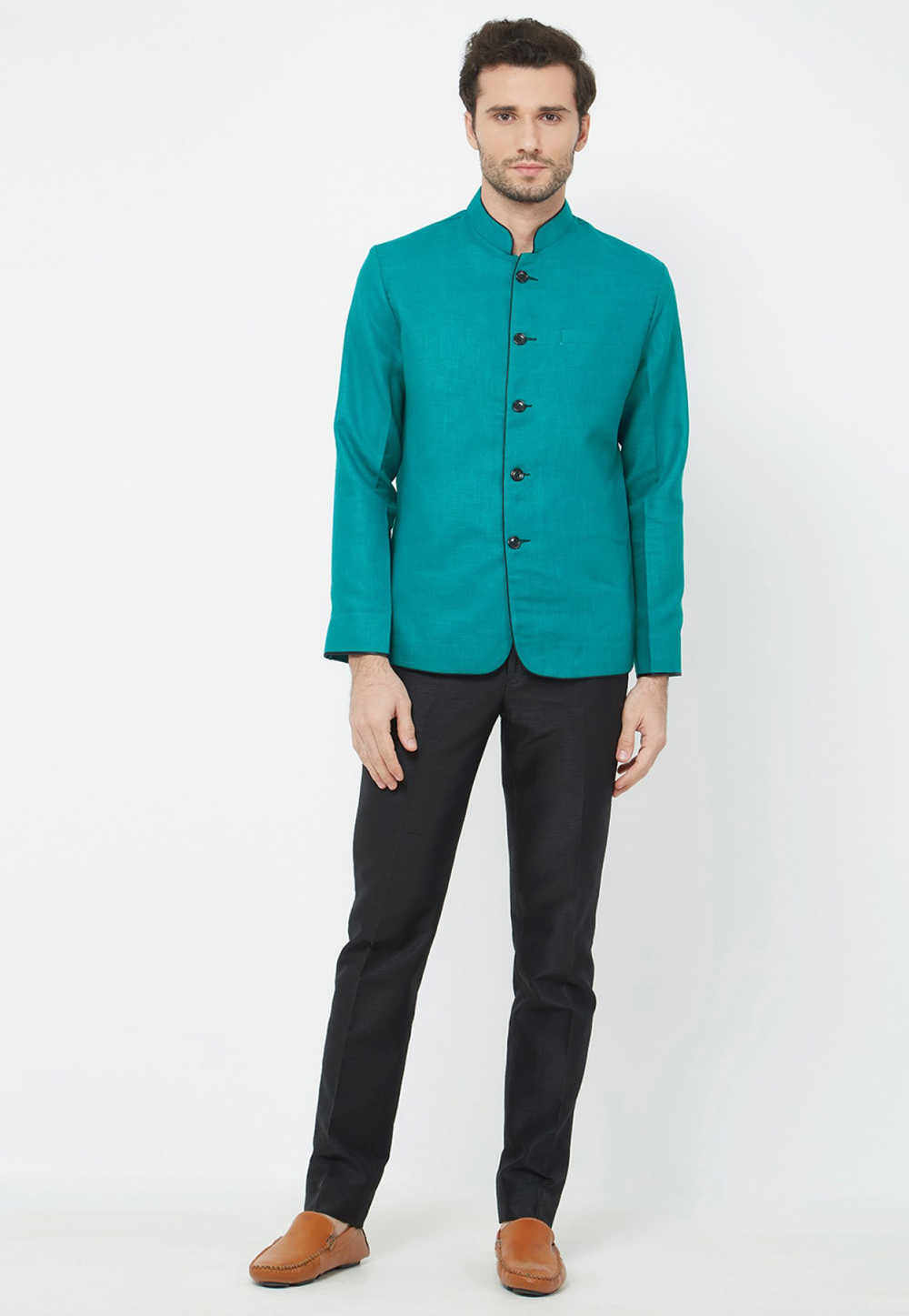 Turquoise Linen Jodhpuri Suit 231105