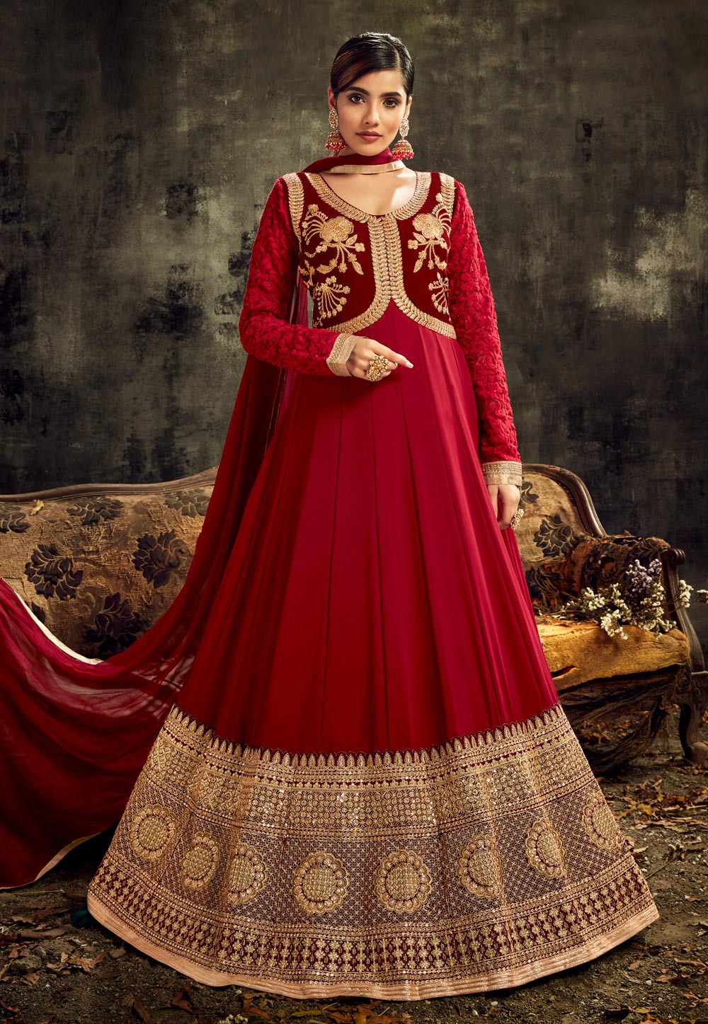 Red Georgette Embroidered Floor Length Anarkali Suit 216151