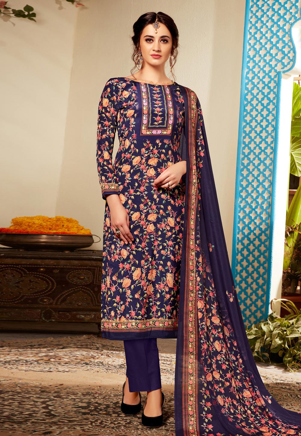 Navy Blue Viscose Printed Pant Style Suit 185475