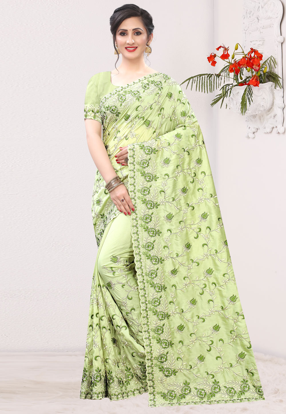 Light Green Silk Saree With Blouse 215865