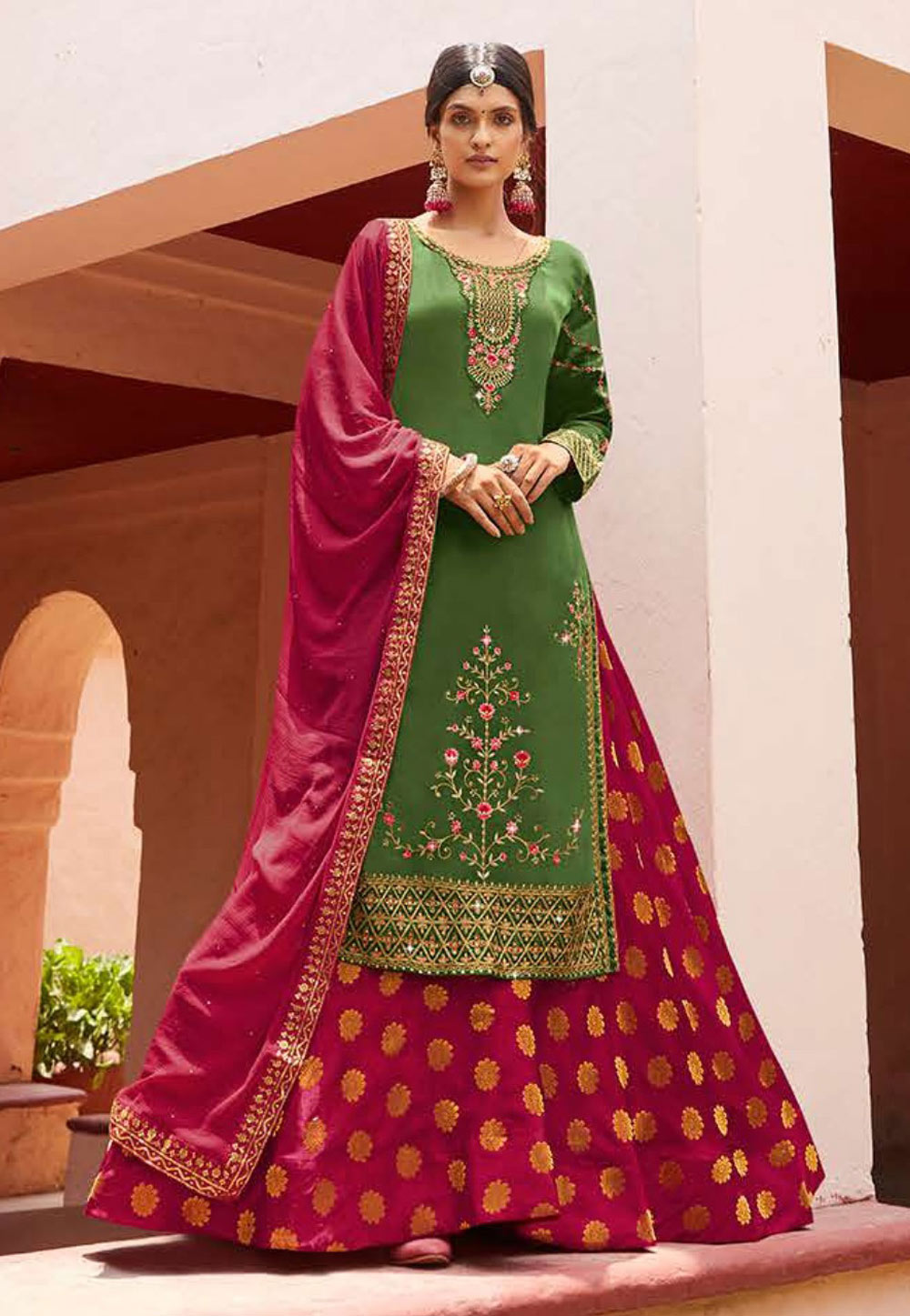 Light Green Jacquard Indo Western Lehenga Choli 257753