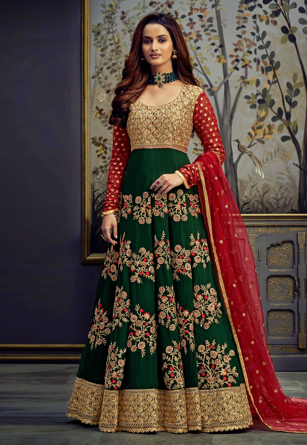 Green Georgette Embroidered Long Anarkali Suit 222019