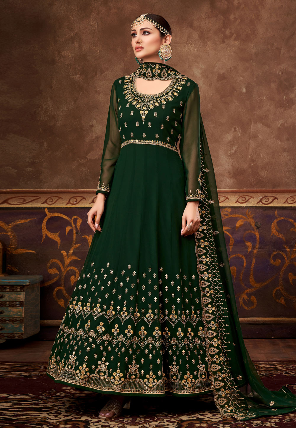 Green Georgette Abaya Style Anarkali Suit 241969