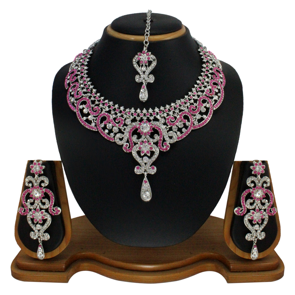 Pink And Silver Necklace with Mang Tikka 29667