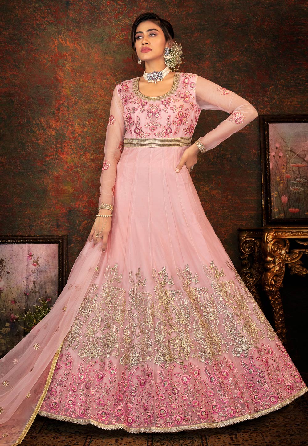 Pink Net Long Anarkali Suit 239853