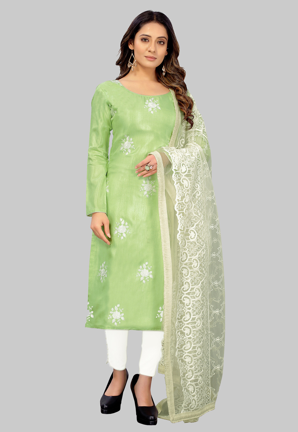 Pista Green Silk Churidar Suit 242905