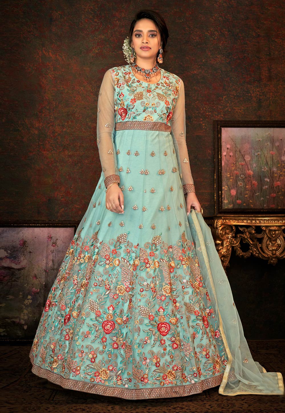 Sky Blue Net Abaya Style Anarkali Suit 239854