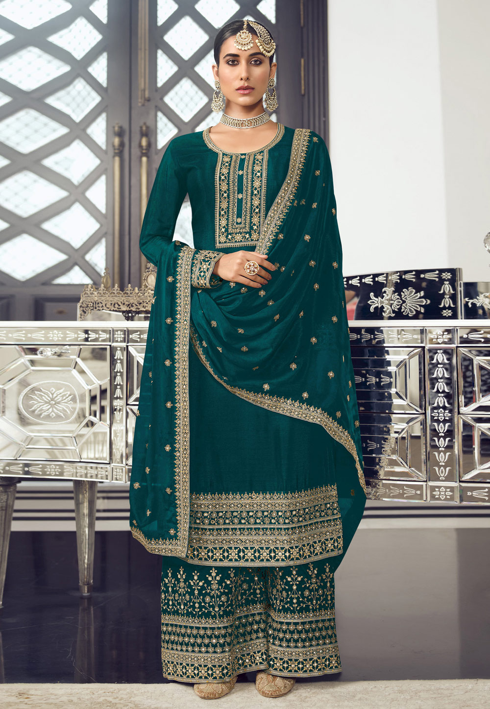 Teal Silk Embroidered Palazzo Suit 248205