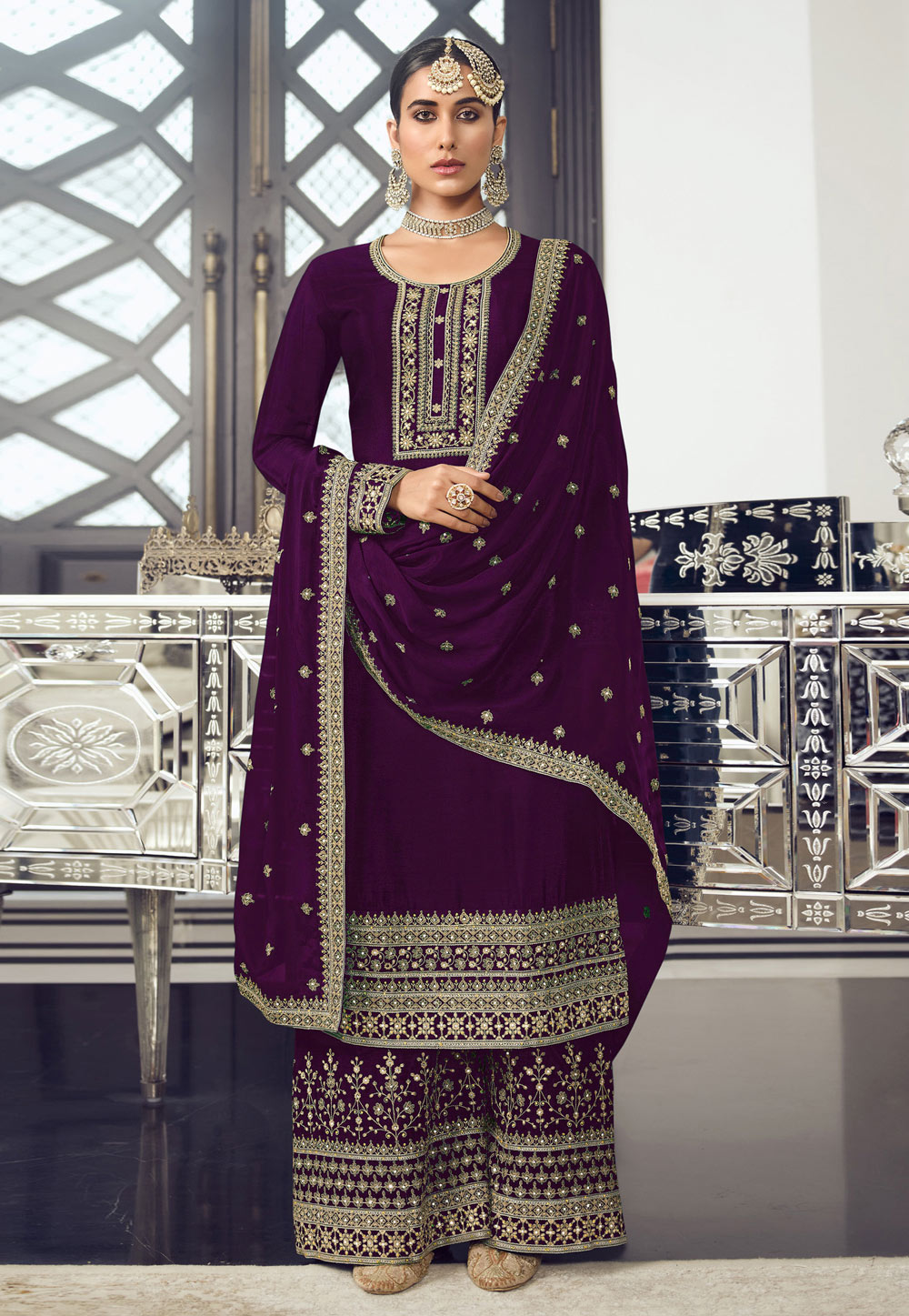 Purple Silk Embroidered Palazzo Suit 248207