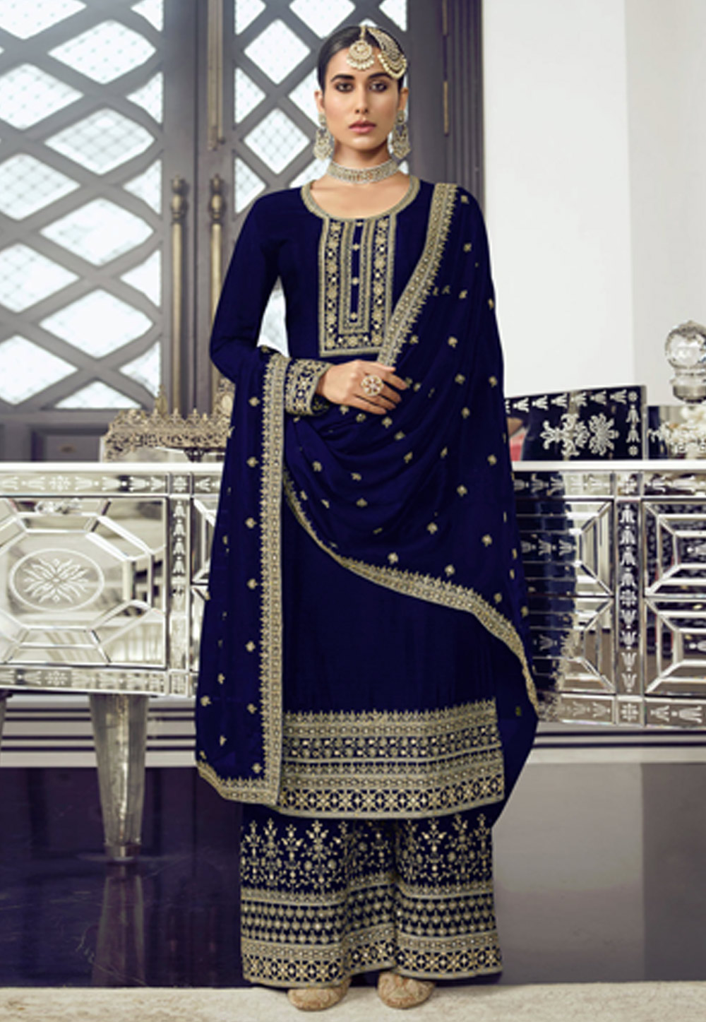 Navy Blue Silk Pakistani Palazzo Suit 248208