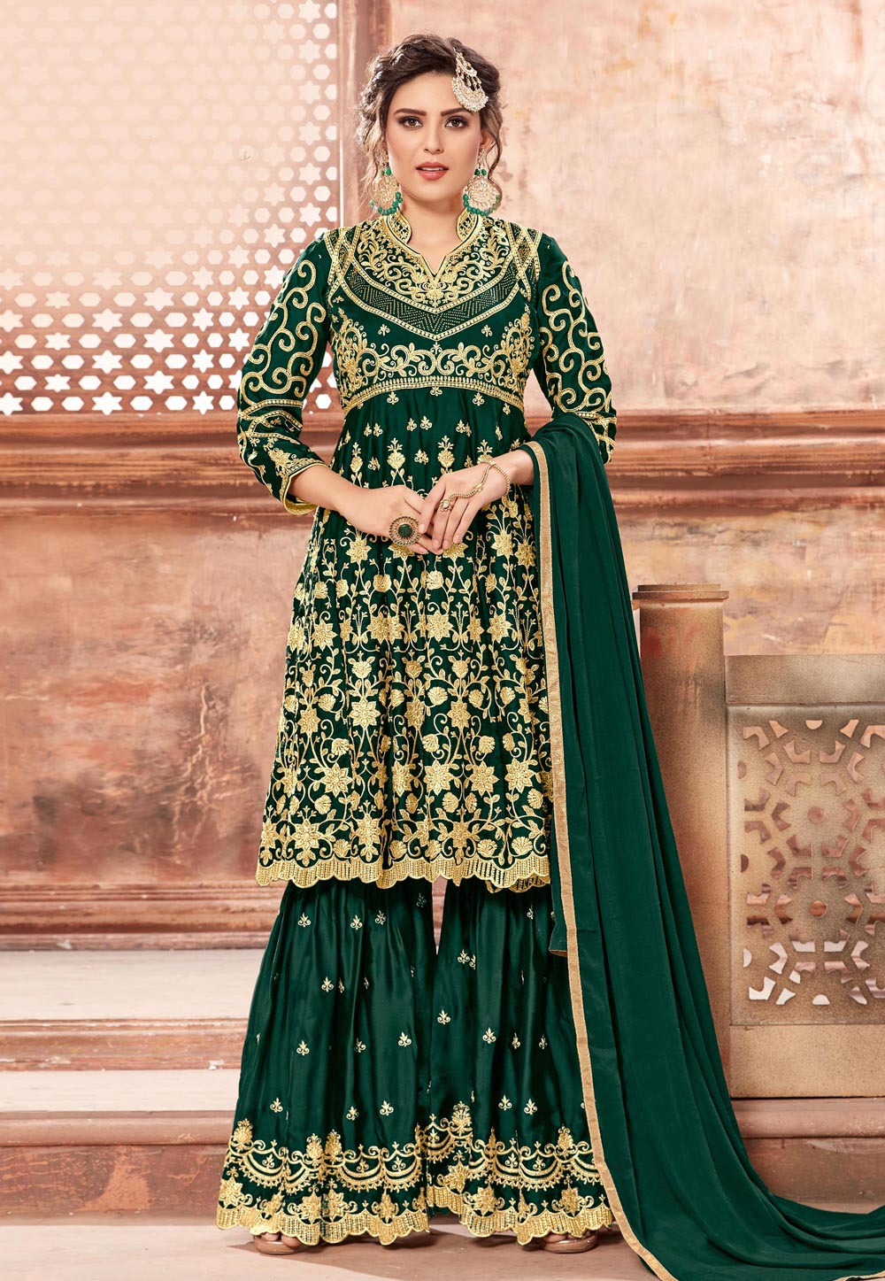 Green Satin Sharara Suit 163581