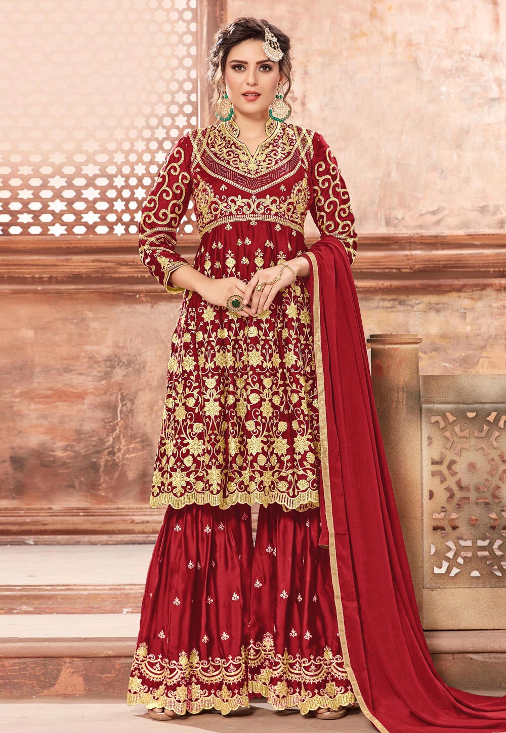Red Satin Sharara Suit 163584