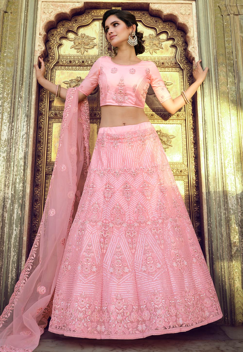 Pink Net Sequins Work Lehenga Choli 235627