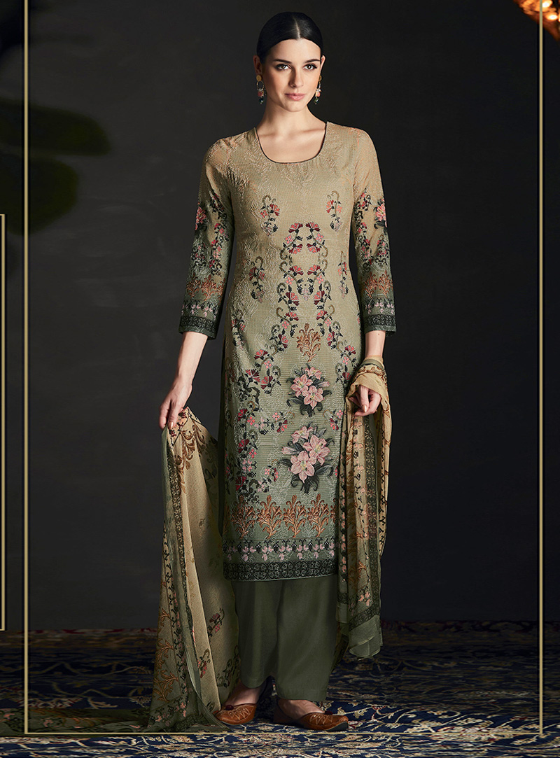Camo Green Silk Pakistani Style Suit 95583