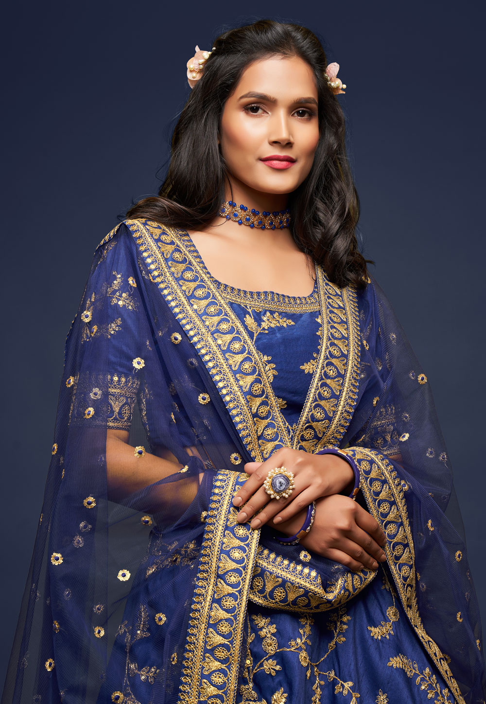Dazzling Navy Blue and Gold Velvet Indian Wedding Lehenga- SNT11069 – Saris  and Things